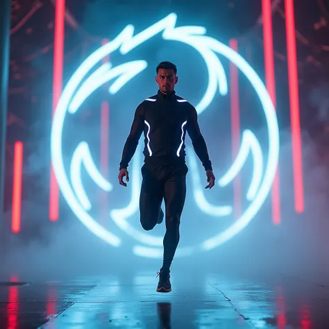 In this image, a man wearing a modern sports outfit that features LED lights on the sides is seen floating in mid-air in a neon-lit space with a logo. "x "Large glowing figure on the ground. This man looks determined and has high energy, symbolizing fast m...