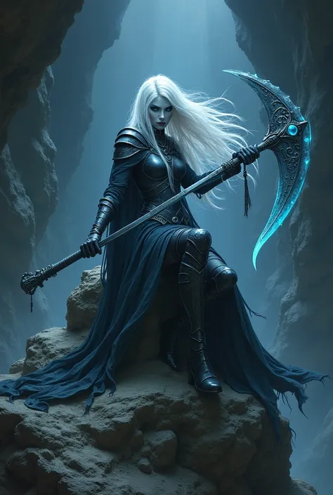 Femme drow de Baldurs Gate, meilleure qualité, fond décran CG Unity 8k ultra détaillé, Assis sur un rocher, haute résolution, pose dynamique, beau visage, (armure de plaque sombre), profondeur de champ, réglage sombre, Nuit, souterrain, pas de lumière), (H...