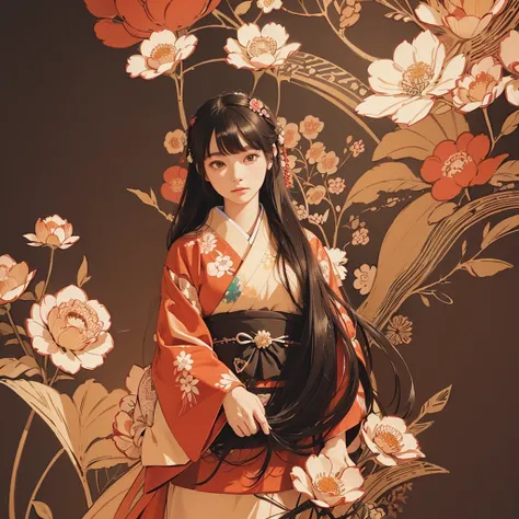 high detail illustration, Design an illustration of a young woman in a traditional Japanese kimono adorned with detailed floral embroidery. She is surrounded by a tapestry-like background of blooming flowers, evoking the elegance of a traditional millefleu...