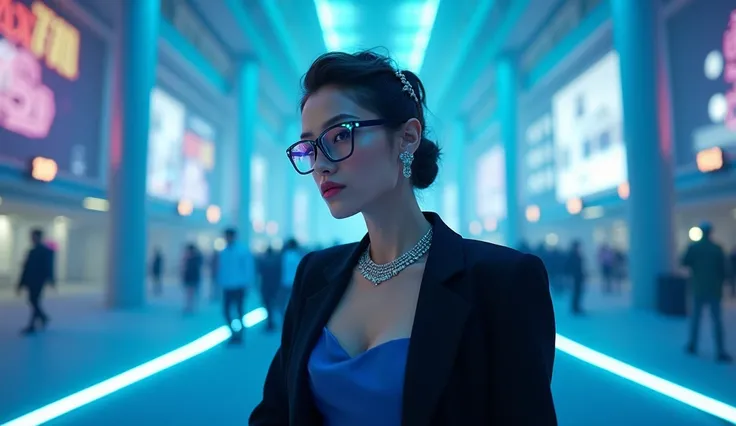 A cool black blazer (light skin) woman with gala hairstyle (loose hair, ironed hair, with hair ornaments) wearing female rotating bird pentagonal glasses (clear lenses, Turquoise blue temples) BLUE EVENING DRESS with diamond necklace. On the red carpet of ...