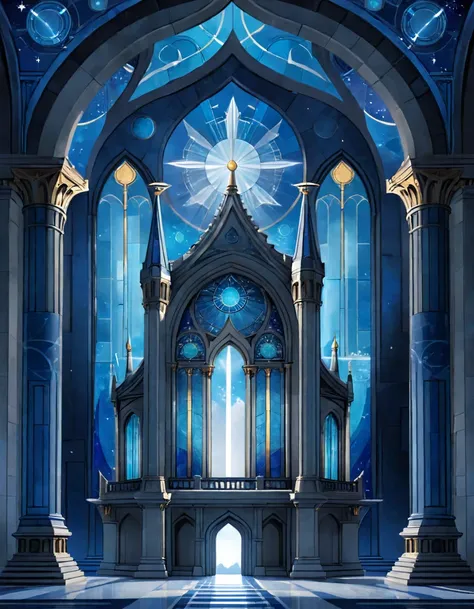 a blue print architectural design of a celestial temple with angelic wings, towers, bridges, turrets, gates stained glass window...