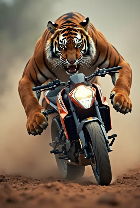 "Create a dynamic image showing a fierce tiger and a KTM bike in a face-off. The tiger should be positioned on one side, exuding raw, natural power, with its eyes glowing and muscles tensed as if ready to pounce. On the opposite side, depict the KTM bike, ...