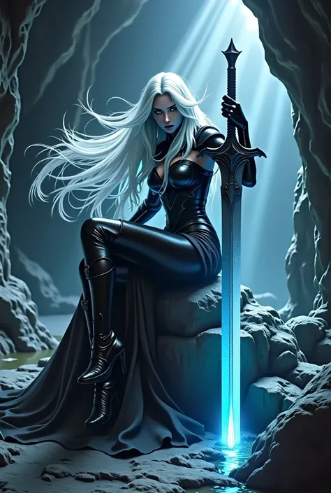 Drow femelle de Baldurs Gate, meilleure qualité, fond décran CG Unity 8k ultra détaillé, assis sur un rocher, haute résolution, pose dynamique, beau visage, (armure de plaque sombre), profondeur de champ, réglage sombre, nuit, souterrain, Pas de lumière), ...