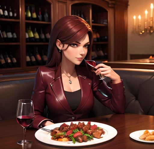 Woman in a burgundy leather business suit sits and drinks wine from a glass., Pieces of shashlik on a plate