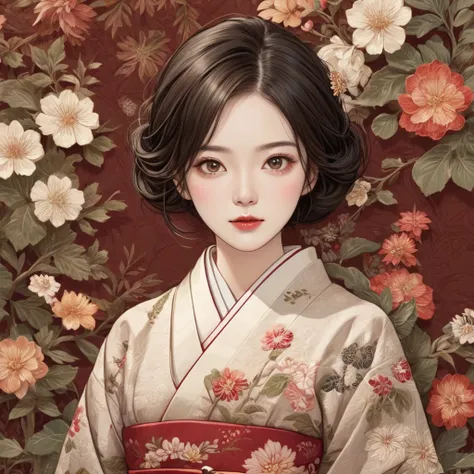 high detail illustration, Design an illustration of a young woman in a traditional Japanese kimono adorned with detailed floral embroidery. She is surrounded by a tapestry-like background of blooming flowers, evoking the elegance of a traditional millefleu...