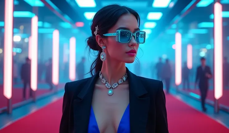 A cool black blazer (light skin) woman with gala hairstyle (loose hair, ironed hair, with hair ornaments) wearing female rotating bird pentagonal glasses (clear turquoise blue lenses) BLUE EVENING DRESS with diamond necklace and earrings. On the red carpet...