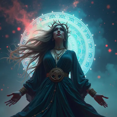 Low angle photograph of a female sorcerer in an ethereal and magical astral plane of existence, her long hair blowing in the windswept environment, she exhibits a magical aura, race:1.8, super intricate race pattern, colorful race pattern, nebula and star ...