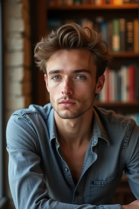 A white boy age 23, working in his book cafe, he is handsome, looks like maxence danet-fauvel... Have blue eyes and no beard and a little skinny.. make his face like maxence denet fauvel