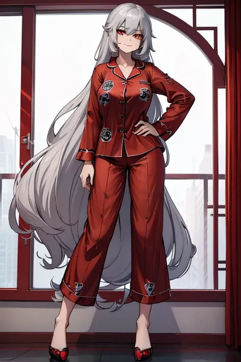 female, silver long hair, red eyes, (((1girl))), (((red pajama shirt with black trim)), (red pajama pants with black trim), cute and sexy, full body, huge breasts, long legs, smiling