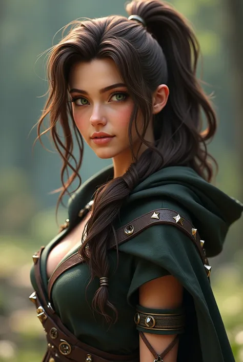 Final Fantasy 7 3D woman in early 20s. Green eyes. Long brown wavy hair reaching down below hips in a high ponytail. Mercenary fully clothed with hooded cloak but not wearing hood. Soft expression