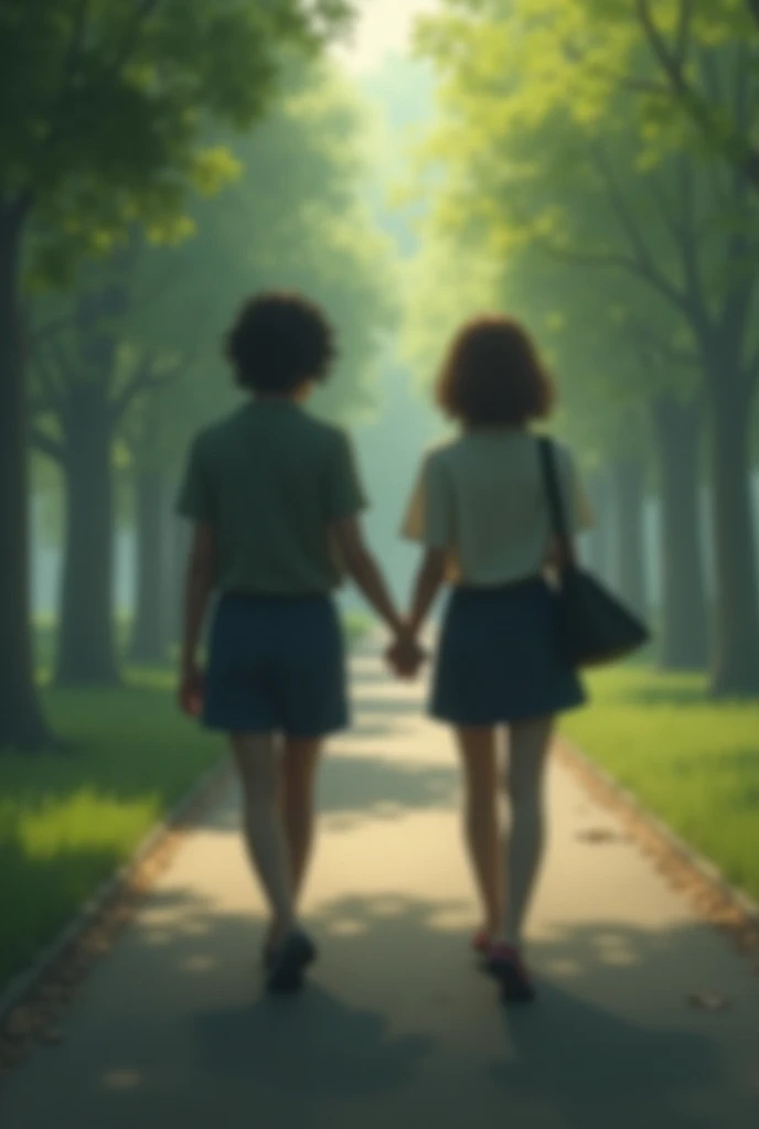 "A soft-focus shot showing a flashback of May and Gawin walking past each other in a park. Their faces are slightly blurred, and neither makes eye contact. The mood is heavy with unspoken words and missed opportunities, giving a sense of longing and unreso...