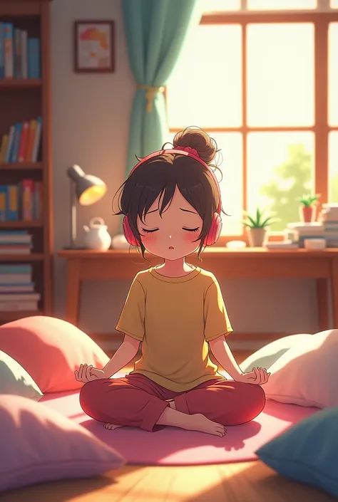 Creat a vibrant anime image
In the small cozy room that has a study table with lots of stationary and a cute lamp, A books shelf filled with books, A girl with light blushed cheeks and she has made a messy bun. sits peacefully on the floor, surrounded by c...