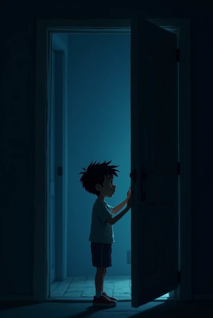 A young boy closed the door of his house in night in darkness and he is scared 