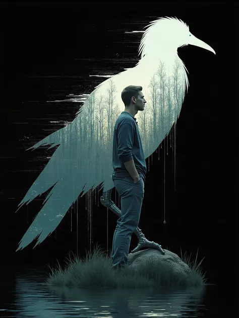 A surreal **ethereal fantasy concept art** of a **man thinking** about a **giant bird formation**. The bird is presented as a **glitched silhouette outline of blooming fields**, with elements of **half shattered reality**, metallic limbs, **quantum entangl...