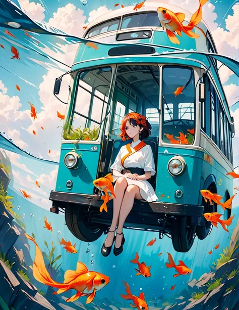 A woman sits in an abandoned trolleybus underwater, Surrounded by goldfish, Surrealism, Film Style, Focus on the face, 4K Photography,