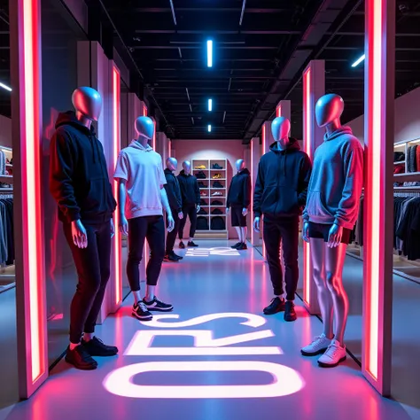 Brand store decoration images"SxR " The shop is decorated in a modern sportswear style, with LED lights on the sides. There are silver mannequins wearing modern sportswear in an area decorated with neon lights, with the logo. "x "Large glowing on the floor...