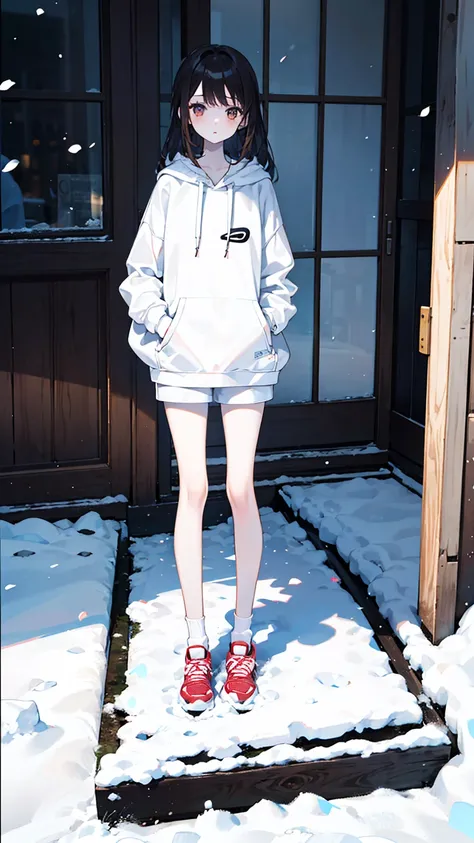 a girl,fourteen years old ,brown long hair,white skin,wearing an oversized hoodie,white mini short pants,sport white socks,very thin legs,skinny legs,slim,skinny,kneeling on the snow