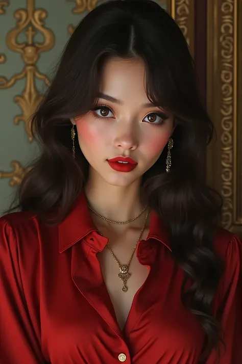 Generate a girl 2, beautiful brown eyes, and wearing old money style have long hair and red lipstick, she is wearing red clothes