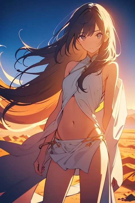 Clear and detailed facial features,Long legs, Beautiful sister,Long Hair,Cinematic light effects, desert