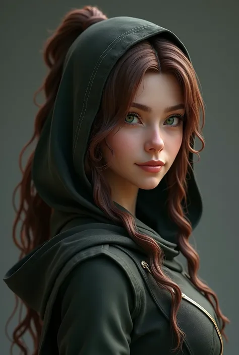 Final Fantasy 7 3D woman in early 20s. Green eyes. Long brown wavy hair reaching down below hips in a high ponytail. Mercenary fully clothed with hooded cloak but not wearing hood. Faint smile. Facing front. Torso view. 