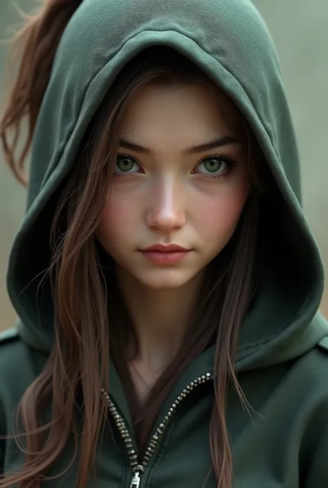 Final Fantasy 7 3D woman in early 20s. Green eyes. Long brown wavy hair reaching down below hips in a high ponytail. Mercenary fully clothed with hooded cloak but not wearing hood. Faint smile. Facing front. Torso view. 