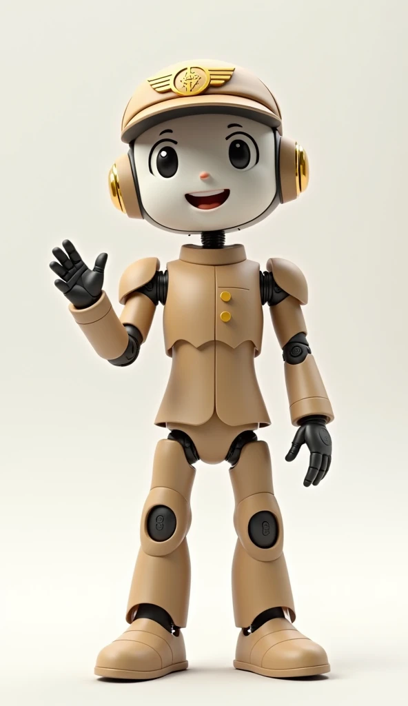 A 3D illustration of a futuristic robot mascot wearing a khaki uniform and a golden winged wheel symbol on his hat. The robot is standing gracefully and is conveying happiness and warm feelings through his facial expressions and gestures. The background is...