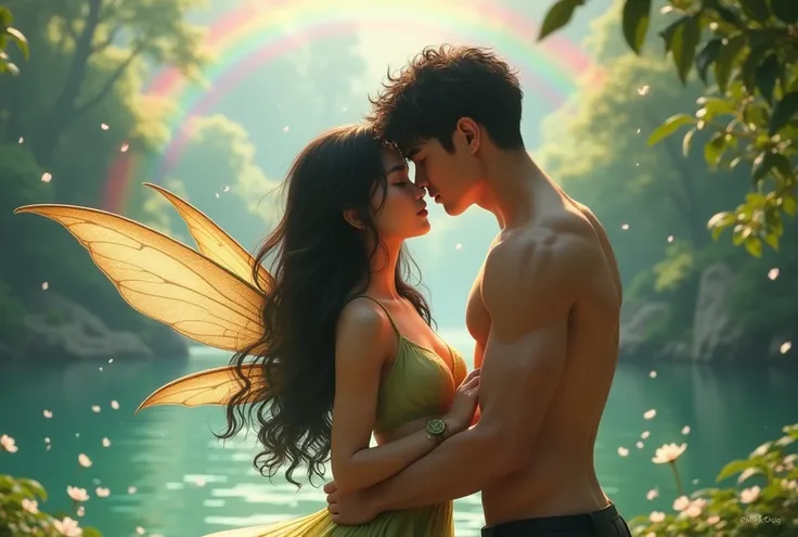 Young girl and young, 20th Generation, Fantasy World, She has pitch black hair,She has long curly hair, She is a forest fairy,She has wings,She has big breasts,He has black hair,He has very short hair, He is a little muscular,He loves her,He kisses her, He...