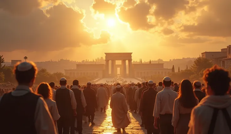 Jewish families walking, golden sky illuminating the road to Jerusalem, in the background Solomons temple stands out in the landscape with its golden columns, a joyful crowd of diverse people walks towards the temple, illuminated sky, majestic clouds, vome...