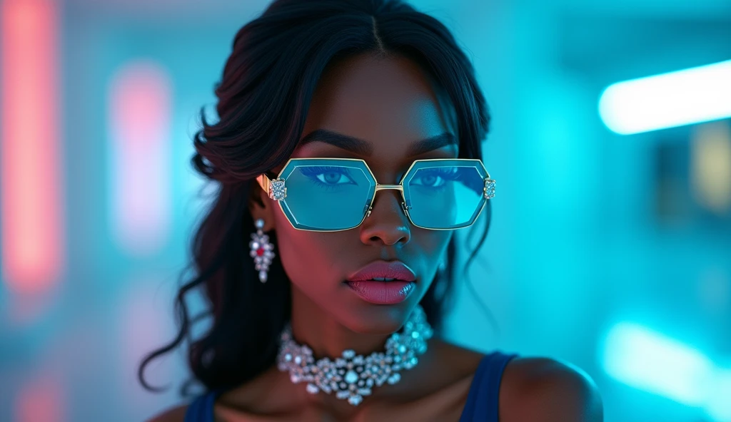 A cool black American (DARK SKIN) woman with gala hairstyle (loose and neat hair, with hair ornaments) wearing female rotating bird pentagonal glasses (clear turquoise blue lenses) BLUE EVENING DRESS with diamond necklace and earrings. In a photo studio wi...