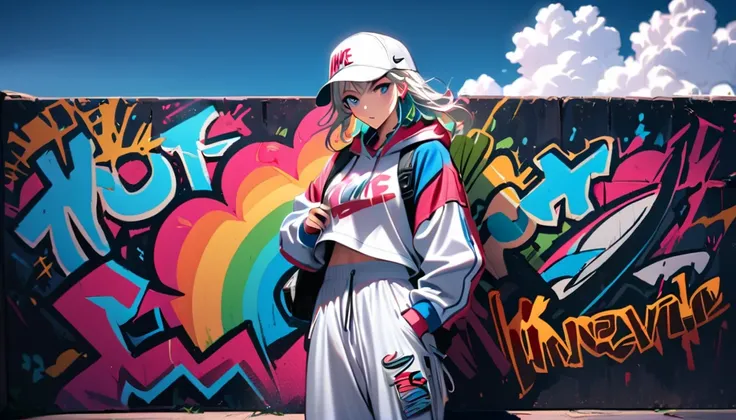 HD 8k Handsome sexy cute er16:9, Solitary, 1 female, Medium Length Hair, white hair, Rainbow hair, blue Eyes, hoodie, colored hoodie, White Trucker Hat, hip-hop style big white tank top white big pants, NIKE is sneakers, Human focus, outdoor, blue sky, Whi...