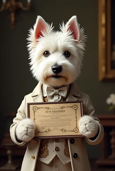 Westie with certificate dressed aristocratically 