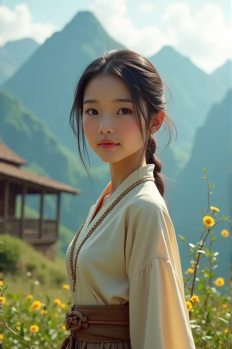 A village girl standing beside a mountain, beautiful eyes, light black and bright skin tone, torso up. Her appearance looks happy and hopeful.