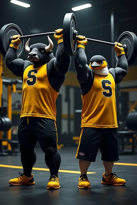 Make a picture of a buffalo and a penguin lifting weights team mascot in black and yellow with the symbol S on the shirt 