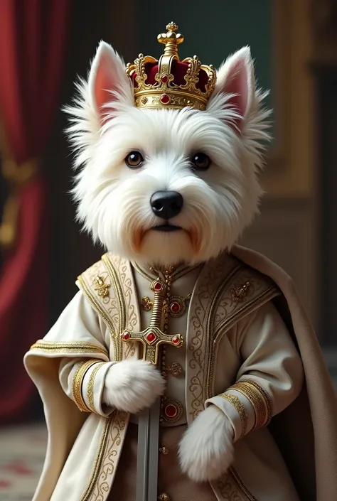 Westie with certificate dressed aristocratically and crown and sword