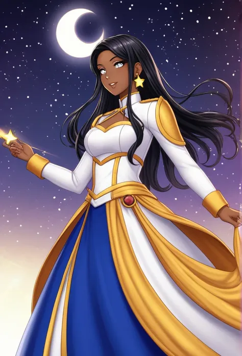 young woman,long black hair reaching the ground they are dark blue at the ends and decorated with sparkles like stars, White eyes, dark skin, dressed like a goddess in very beautiful blue clothes(royal dark blue platte red), star earrings, holds a hovering...