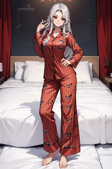 female, silver long hair, red eyes, (((1girl))), (((red pajama shirt)), (red pajama pants), cute and sexy, full body, huge breasts, long legs, smiling