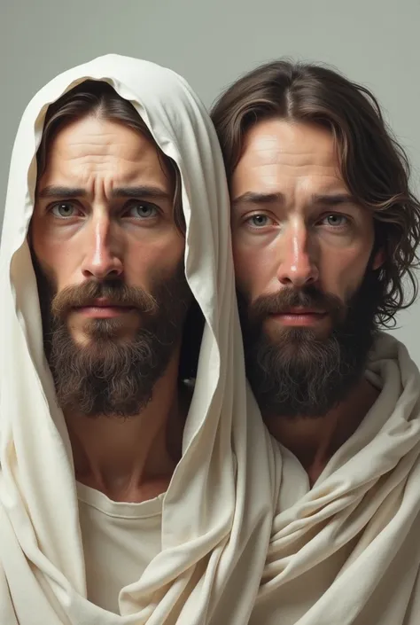 Generate a realistic image of Jesus with a white cloth on his head, another younger one, More realistic 