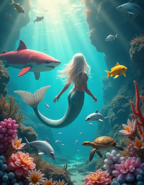 Beautiful mermaid in sea, gold fishes swiming around, neon octopus, red shark, white dolphins, yellow turtle, sunlight passes through sea.