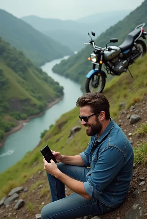 The image shows a man sitting on a rocky hillside next to a river. He is wearing a blue shirt and sunglasses and has a beard. He appears to be taking a selfie with his phone. In the background, there is a motorcycle parked on the side of the hill. The sky ...