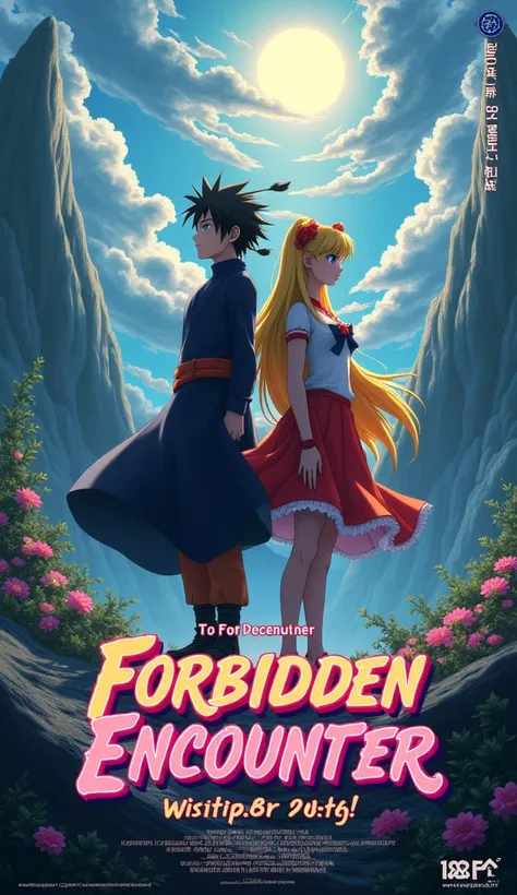 Create a movie blockbuster poster featuring Naruto (from Naruto) and Sailor Moon (from Sailor Moon). Title: ‘Forbidden Encounter’ should be large and prominently displayed. Directed by [Director]. Rated 18+. Premiering on [Date]. Add enticing text like ‘An...