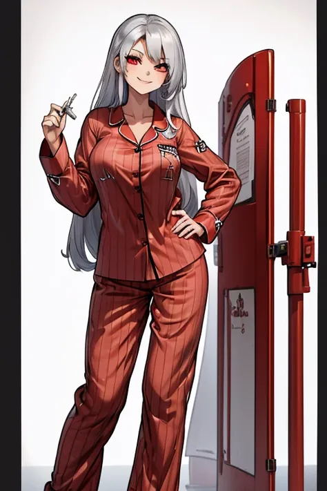 female, silver long hair, red eyes, (((1girl))), (((red pajama shirt)), (red pajama pants), cute and sexy, full body, huge breasts, long legs, smiling