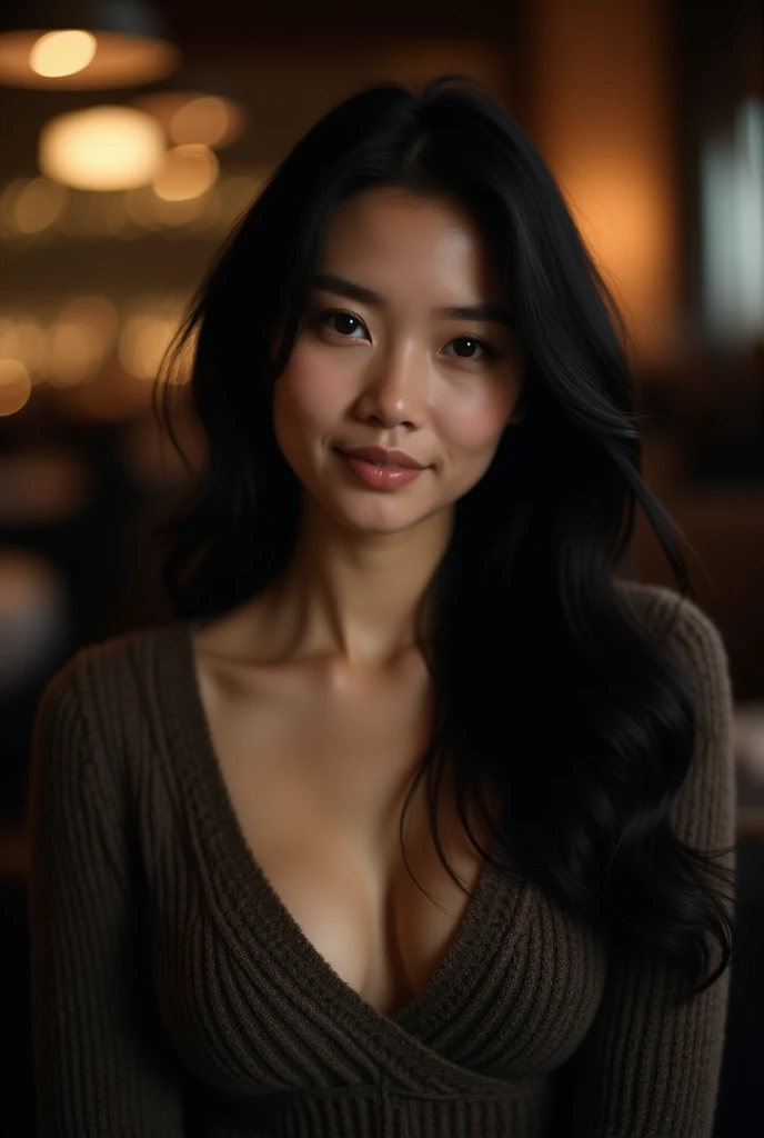 instagram photo, 20 year old woman, black hair, full face portrait, sweater, low neckline, pale, hard shadows, in a restaurant with a smile