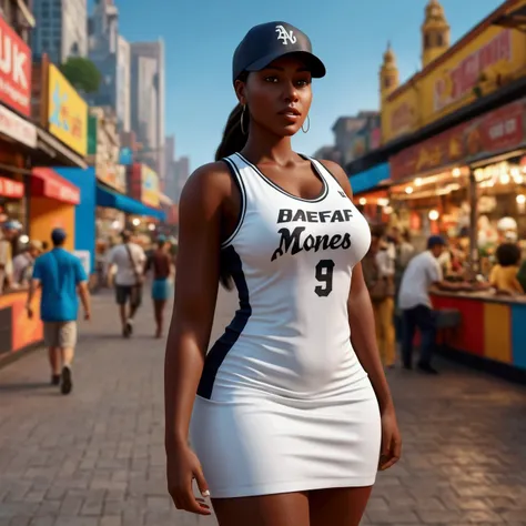 araffe woman in a white dress and a baseball cap, beautiful city black woman only, ( ( dark skin ) ), realistically rendered clothing, fashion shoot 8k, realistic clothing, 3 d render character art 8 k, photorrealistic concept art, athletic fashion photogr...