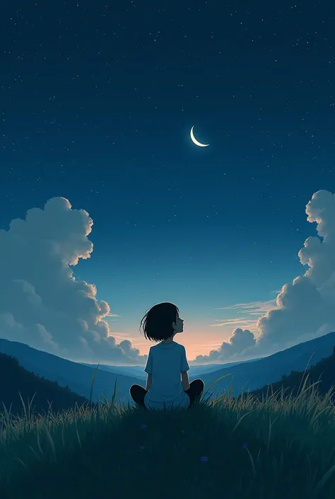 girl sitting on a hill looking at the moon and stars