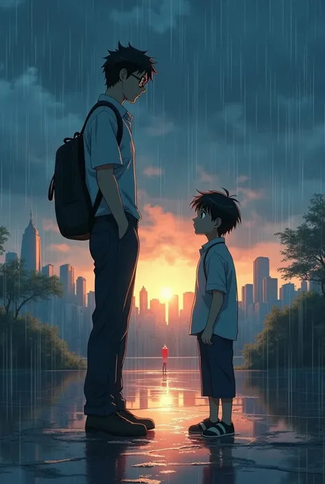 Create an anime-style scene where a grown man stands facing his younger self as a boy. The boy represents emotion, with a soft, innocent expression, slightly glowing, and surrounded by warm, vibrant colors. The man represents reason, with a serious, contem...