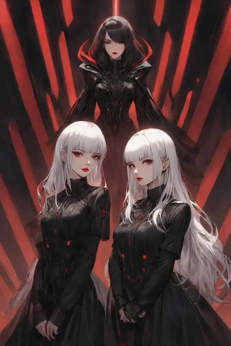 two females in the room, both wearing black langerie, mass effect style, one with black hair, one with white hair, both wearing black sith uniform, both have red lips, futuristic avatares, crimson themed