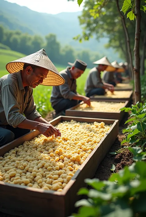 Photo of people raising silkworms to produce silk 