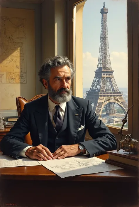 An oil painting of Gustave Eiffel, French civil engineer and architect sitting in a small office on the top of eiffel tower