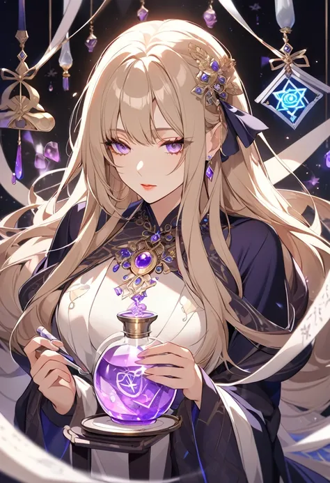 One girl, Long Hair, Light Hair Color, Seductive eyes, Mysterious look, Mature Appearance, Attractive dress, loose fitting dress, Elegant Jewelry, Exquisite decoration, Magic symbols, Glowing Accessories, Potion, Scroll, Cute accent, bow, ribbon, flower,