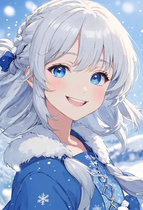 ((best quality)), ((masterpiece)), (detail), 1girl, girl with white hair and blue eyes, cheerful face, ice princess, blue casual dress, snow background, cheerful and sweet smile, beautiful girl, wearing blue hairpin, Japanese girl